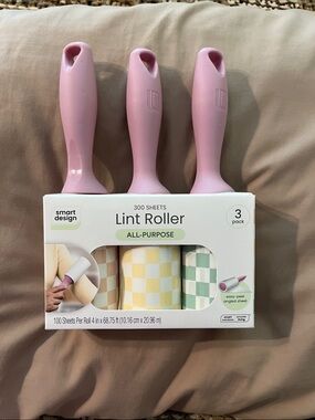 NIB Smart Design All-Purpose Lint Roller 3-Pack - Pink Handles, Pastel Sheets